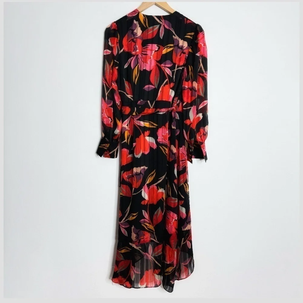 Adelyn Rae Wrap Dress High Low Chiffon Long Sleeve Black Red Print Sheer Sleeve